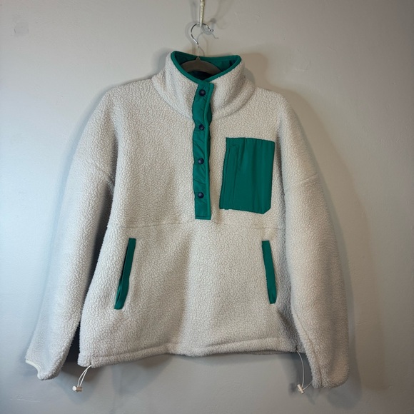 Wilo The Label Tops - Wilo The Label Cozy Fleece Pullover in Cream and Teal Size Medium